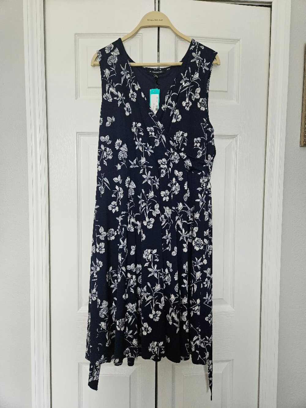 Floral Print Navy Blue Sleeveless V-Neck Faux Wrap Dress with Waist Tie